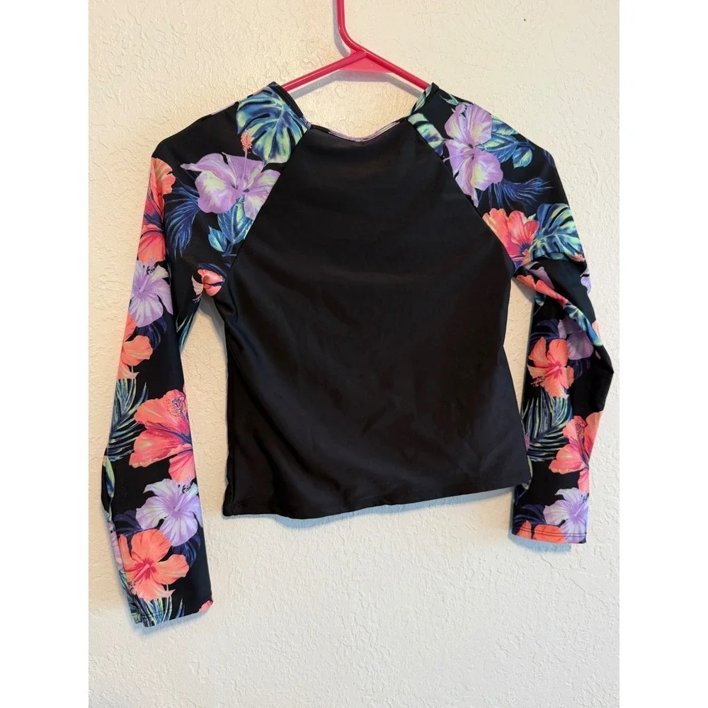 Justice Surf Girls Black Tropical Floral Long Sleeve Rash Guard Swim Top L 12/14